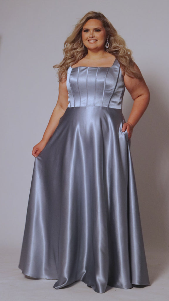Tease Prom TE2428 ice blue, magenta or foreset green, scoop neckline, bra friendly straps, A-line satin, exposed boning on bodice.