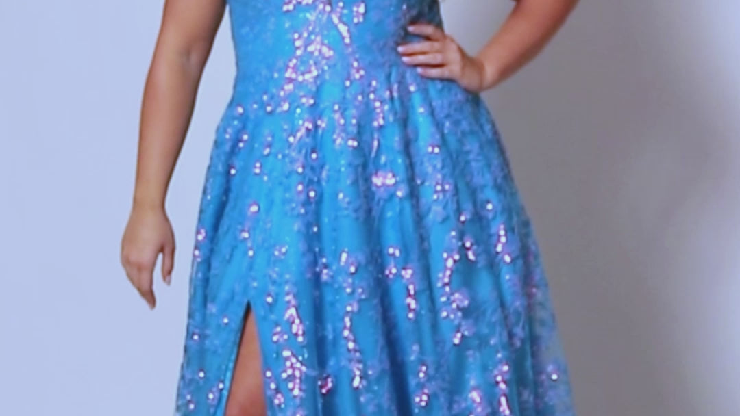 Tease Prom TE2433, Plus size A-line dress with iridescent blue sequins, v-neck, sequin covered straps, slit, bicep to wrist puff sleeves.