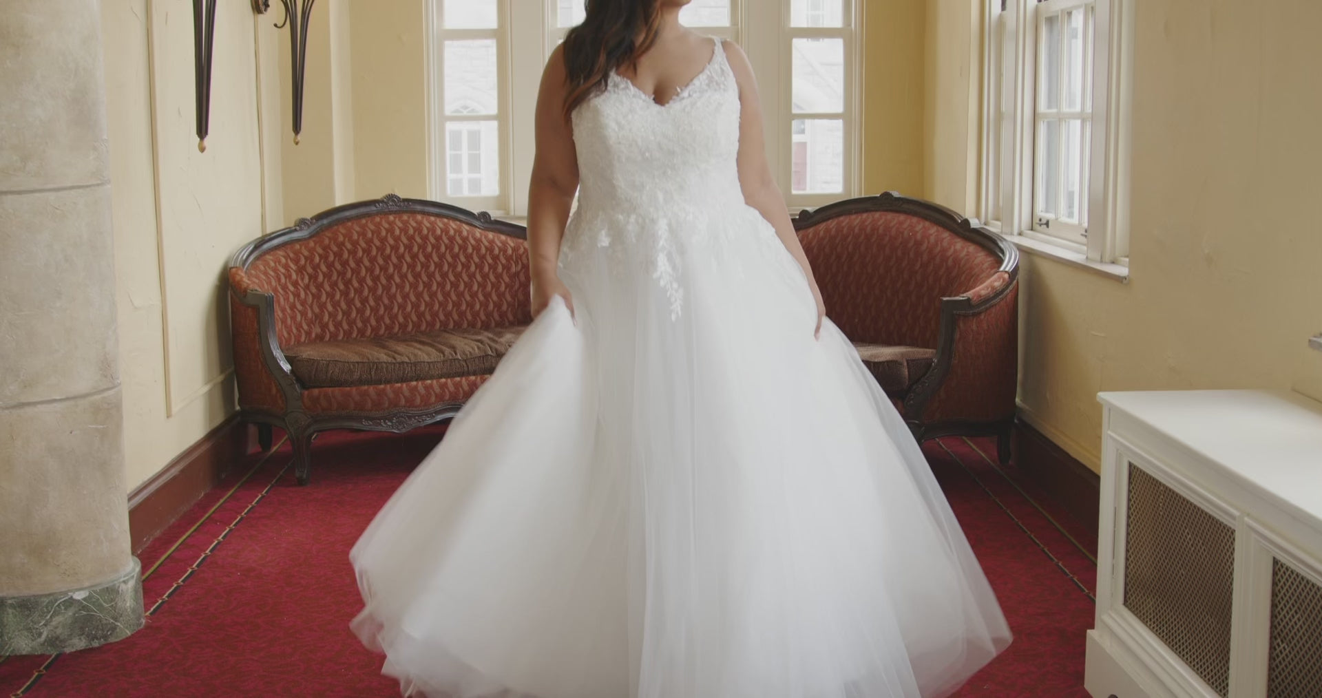 Michelle Bridal MB2404 Rosewater. A-line silhouette, Soft bridal tulle with underlayer of glitter tulle, Floral leaf appliques with ivory and clear sequins, scattered pearls, Satin lining, V-Neckline, Boned bodice with sweetheart lining, Scoop back with optional lining available