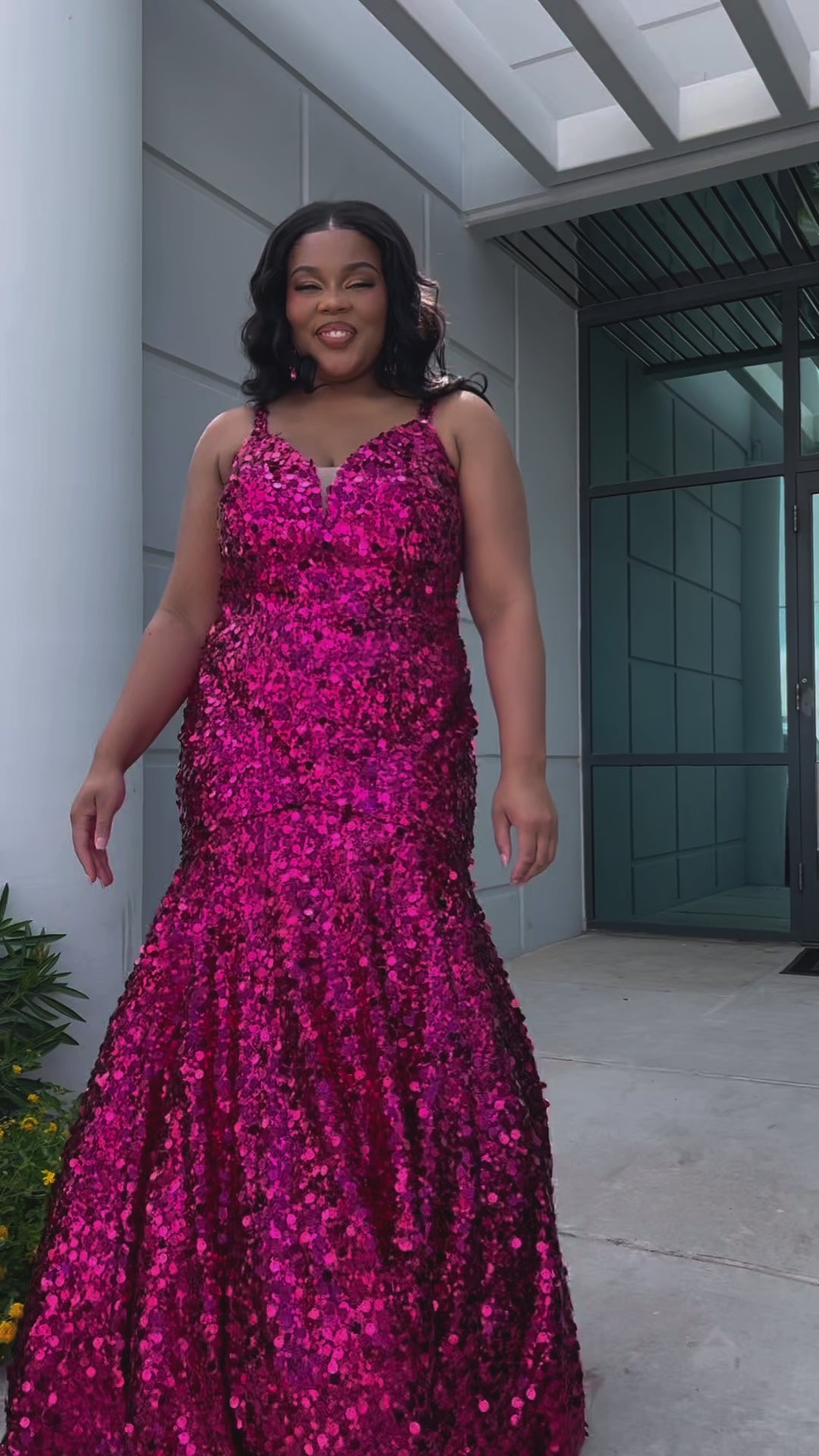 Fitted mermaid plus size prom dress.  Sequin and piette fabric with stretch knit linight. Deep v-neckline with nude mesh insert and spaghetti straps. Mermaid fitted skirt. Available in midnight navy blue and hot magenta pink. TE2512 by Tease Prom. 