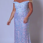 Tease Prom TE2407 Pink Ice and Blue Ice . Off the shoulder, modified v-neckline, 3-D floral embellishments on bodice, all over iridescent sequins, floor length, center back zipper.