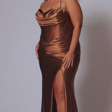 Simple plus size satin slim a-line fitted dress.  Spaghetti straps, pleated bodice, exposed boning corset with basque waistline.  Slim, fitted skirt with ruching. Lace-up back with modesty panel and sweep train.  Available in cherry red, chocolate brown, hunter green and onyx black. Sydney's Closet plus size style SC7426.