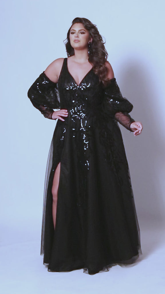 Tease Prom TE2443 Plus size A-line dress, puff sleeves with a  5 inch cuff from forearm to wrist, slit, magenta sequin appliques, bra friendly straps. 