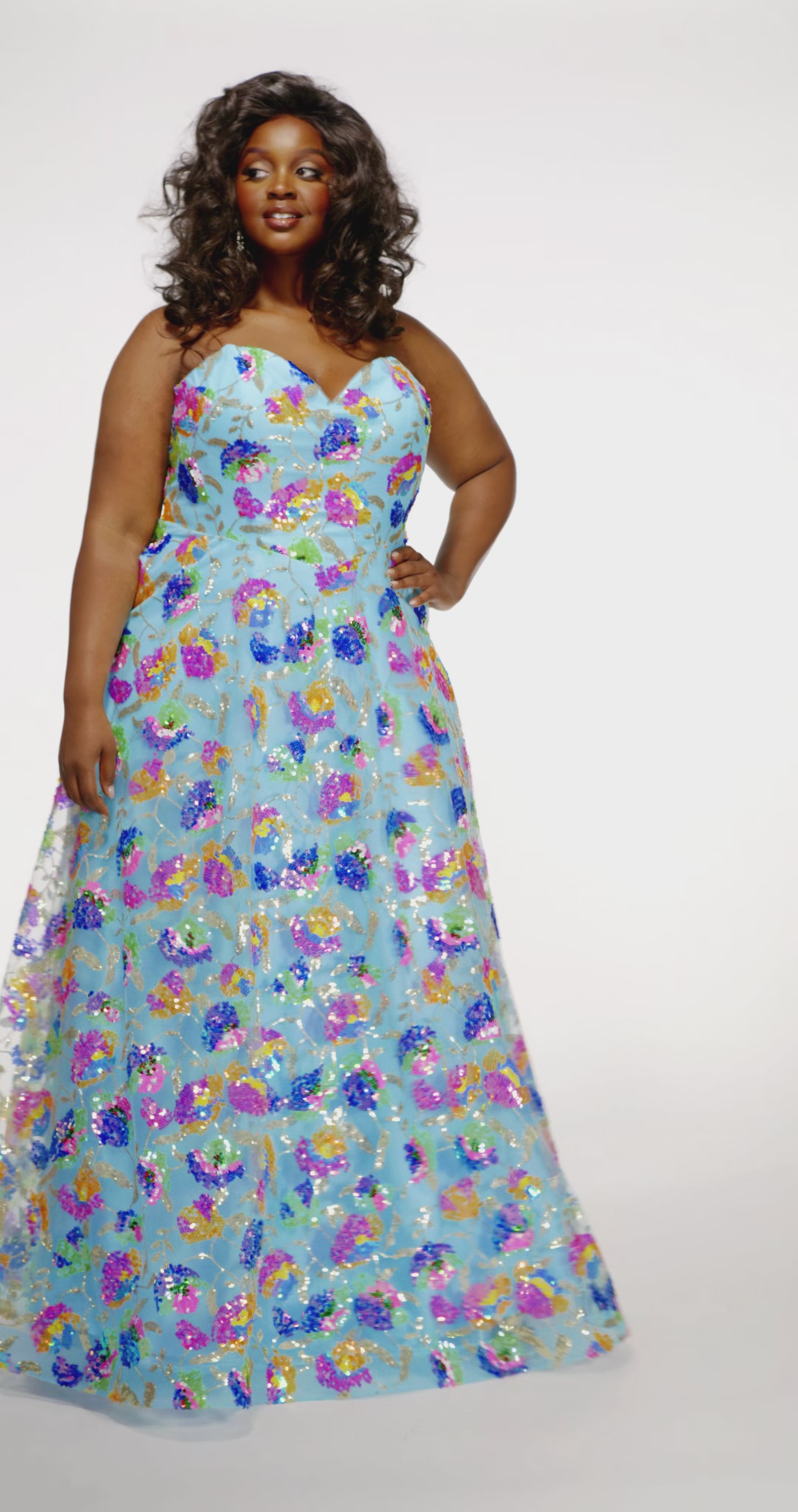 Plus Size Formal Pageant Dress JK2508 in aqua blue, onyx black or bubblegum pink. A-line sequin formal dress with pockets by Johnathan Kayne for Sydney's Closet