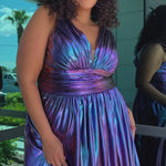 Best selling plus size A-line prom, formal and evening dress. Metallic stretch knit novelty fabric, bra-friendly straps, full A-line skirt and pockets. Available in peacock (blue/green) and Prism (blue/purple) sizes 14-40. SC7415 by Sydney's Closet