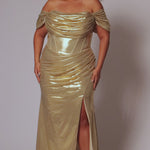 Plus size metallic fitted gold or teal prom dress.  Pleated dramaticbodice with detachable drape sleevesand exposed corset boning on basque waistline.  Slim, fitted skirt with ruching and high slit. Tease Prom style TE2515