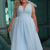 Plus Size princess A-line prom dress with bra-friendly straps, pleated bodice, pleated waistband and full A-line skirt with train. Detachable bows on shoulder. SC7417 in ice blue, mauve or sage green from Sydney's Closet.