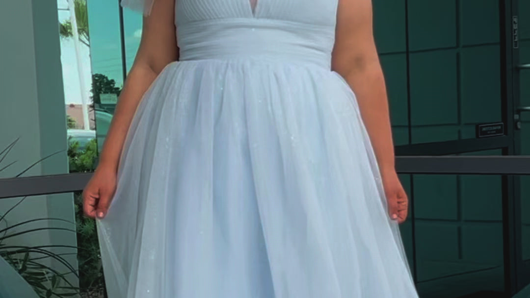 Plus Size princess A-line prom dress with bra-friendly straps, pleated bodice, pleated waistband and full A-line skirt with train. Detachable bows on shoulder. SC7417 in ice blue, mauve or sage green from Sydney's Closet.