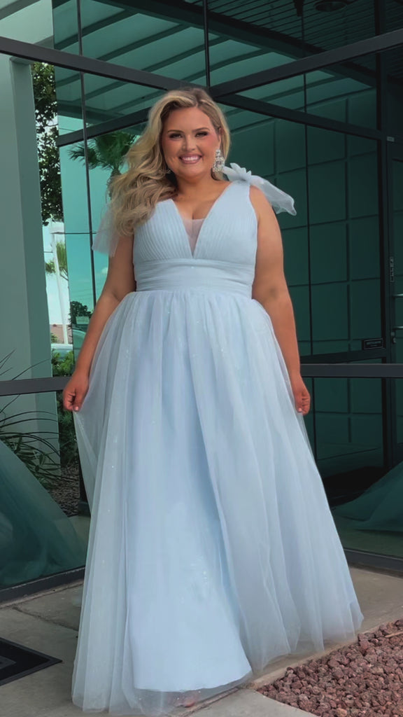 Plus Size princess A-line prom dress with bra-friendly straps, pleated bodice, pleated waistband and full A-line skirt with train. Detachable bows on shoulder. SC7417 in ice blue, mauve or sage green from Sydney's Closet.