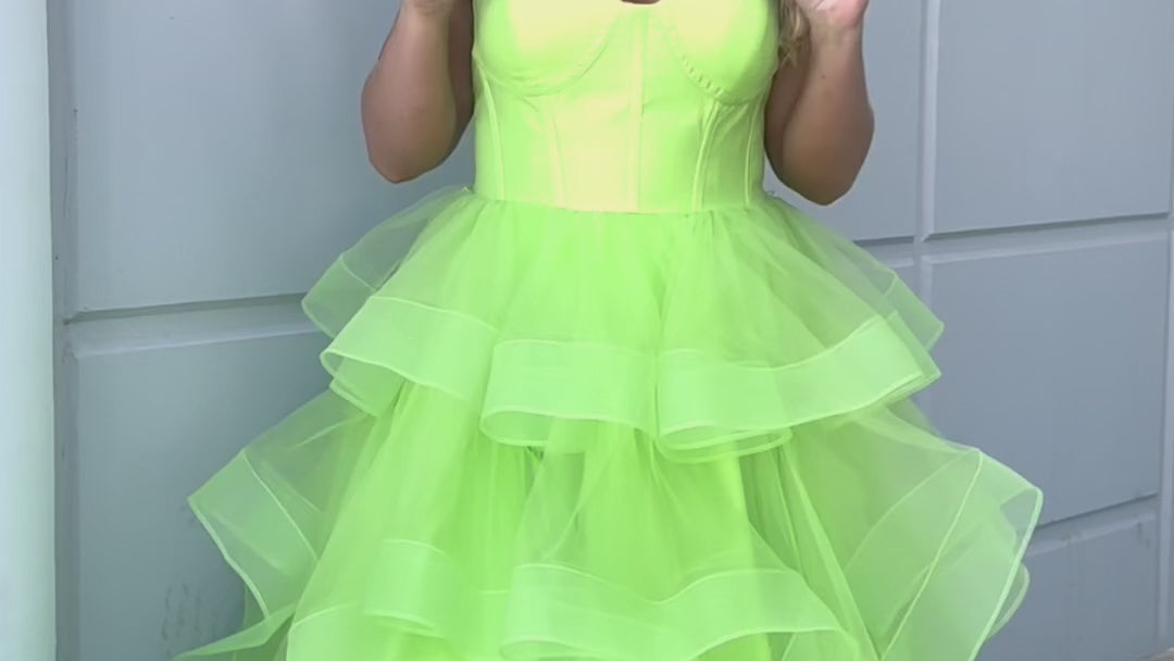 Tease prom TE2420 Lime Green, pink, orange. Tulle ruffles on a tiered skirt, exposed boning on bodice, strapless, ballgown.