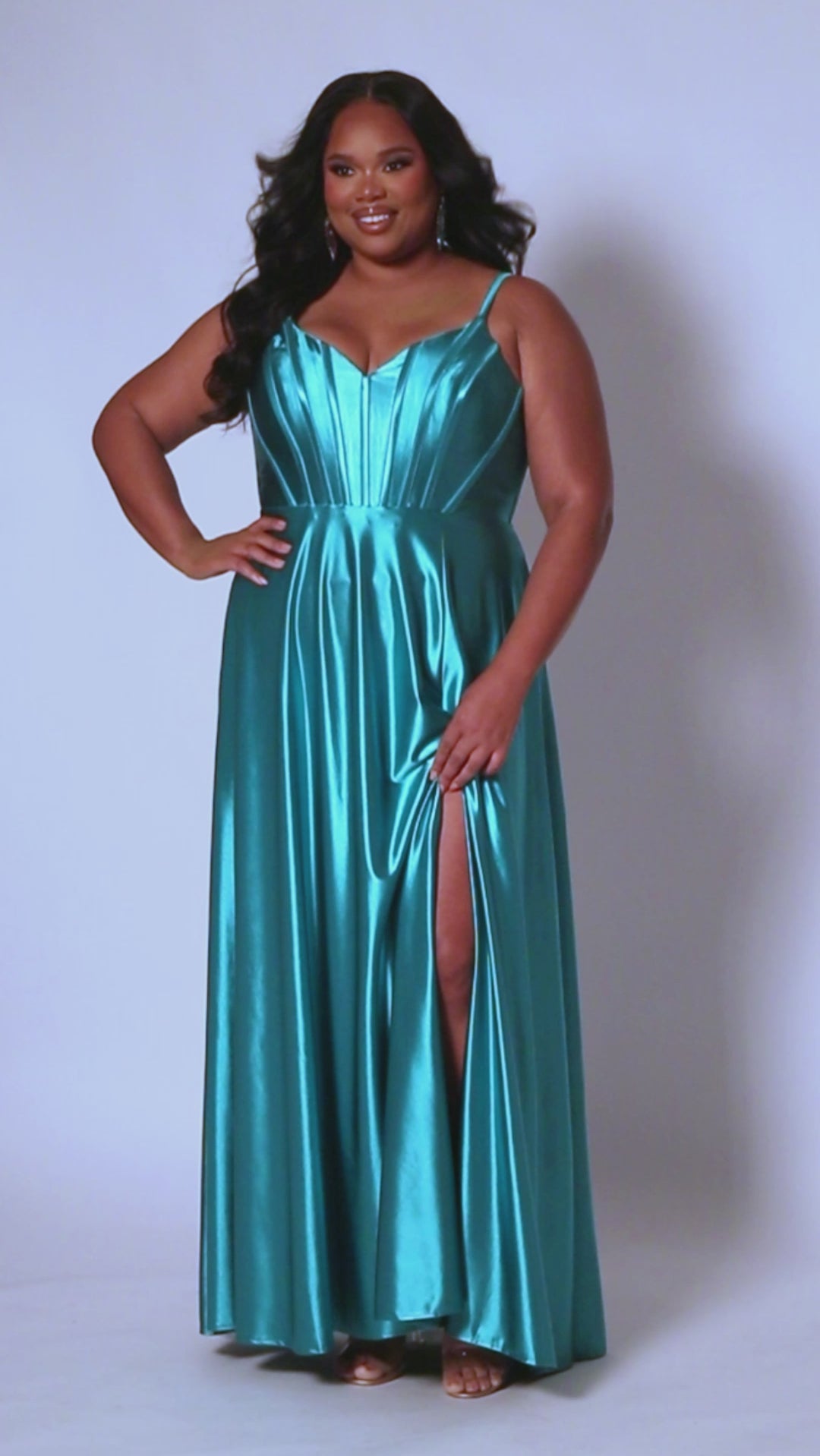Sydney's Closet SC7380 Pink, Blue, Green. A-line silhouette, Satin over satin lining, V- neckline, Corset bodice, boned front and back, Natural waistline, A-line skirt