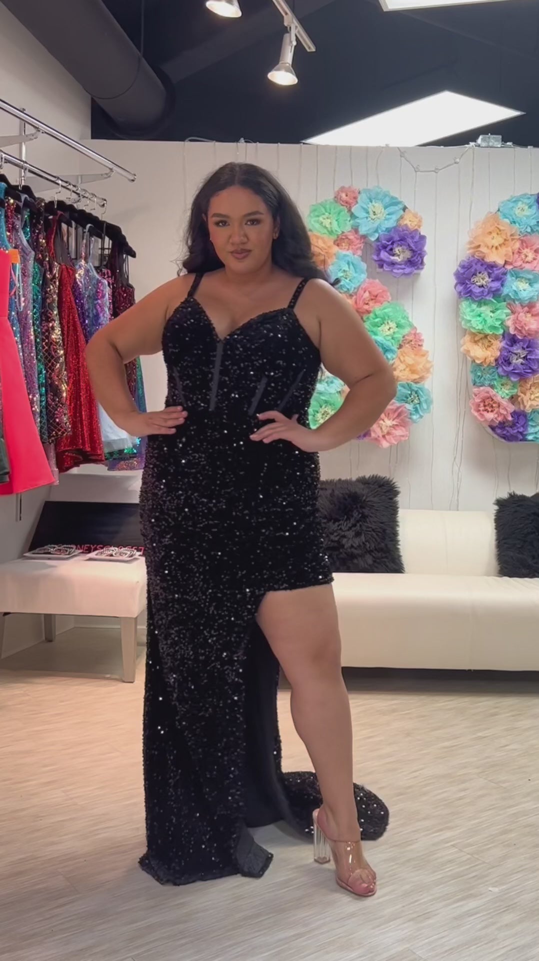 Tease Prom TE2445 Burgundy, Black, Royal. V-neckline, sequin covered straps, velvet sequins all over, exposed boning on bodice, high side slit with mini dress underneath.