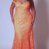 Sydney's Closet SC7372 Blue and orange. Mermaid Silhouette, Floor length, Sequin Net, V-neckline, Fitted Bodice, Off-the-Shoulder, Center-back Zipper, Natural Waistline, Mermaid Skirt with Train, Stretch Knit Lining.