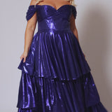 Plus size metallic tiered prom dress.  Strapless bodice with pleating and exposed boning. Detachable pleated drape sleeves. Available in fuchsia pink, indigo dark blue and onyx black. Style TE2510 by Tease Prom.