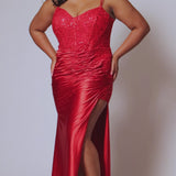 Tease Prom TE2413 Ruched skirt into high slit with lace insert at top of slit, lace covered bodice with removable lining, double spaghetti straps.