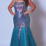 Tease prom TE2409 Jade, sky, purple and Magenta. Mermaid silhouette, scoop neckline, tulle mermaid skirt, multidimensional sequins, sequin covered straps, center back zipper.