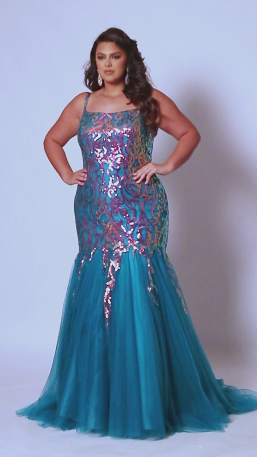 Tease prom TE2409 Jade, sky, purple and Magenta. Mermaid silhouette, scoop neckline, tulle mermaid skirt, multidimensional sequins, sequin covered straps, center back zipper.