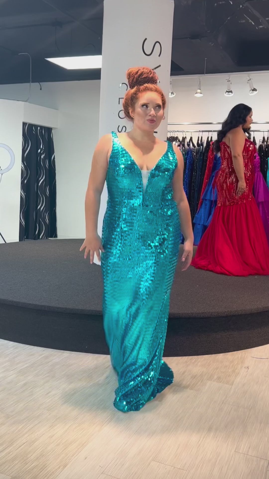 Johnathan Kayne for Sydney's Closet JK2405 Turquoise, Unicorn, Magenta. Fitted silhouette, Piano key sequin on net, Deep V-neckline, Tone-on-tone mesh insert, Straps = 1 inch, V-cut out on side under arm, Upside down teardrop keyhole cutout, Center back zipper, Fitted skirt.