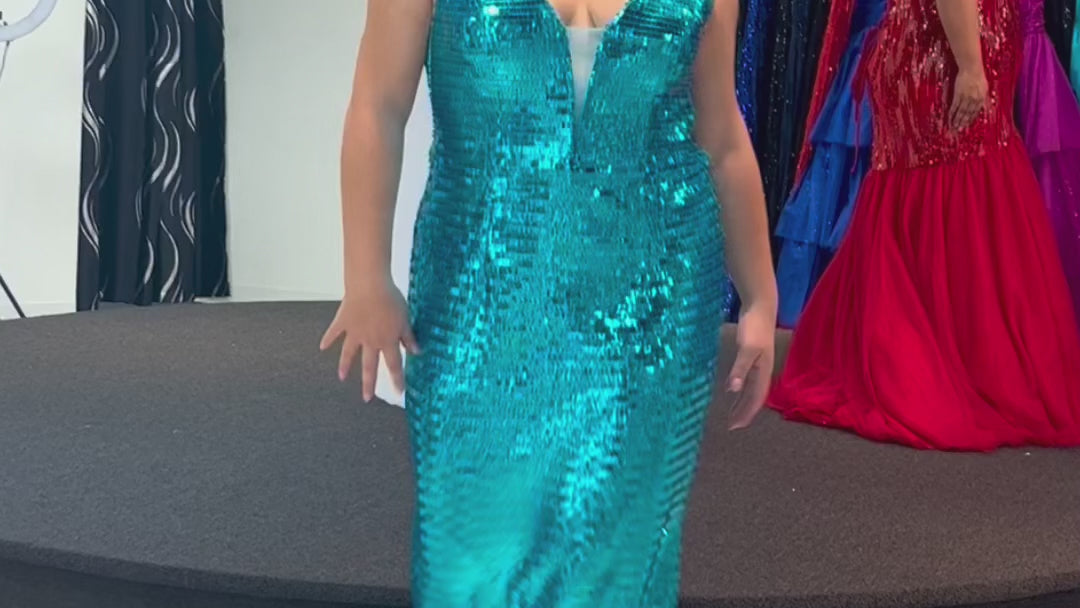 Johnathan Kayne for Sydney's Closet JK2405 Turquoise, Unicorn, Magenta. Fitted silhouette, Piano key sequin on net, Deep V-neckline, Tone-on-tone mesh insert, Straps = 1 inch, V-cut out on side under arm, Upside down teardrop keyhole cutout, Center back zipper, Fitted skirt.