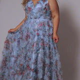 Plus size 3D floral print A-line prom dress.  V-neckline with spaghetti straps, mesh insert and pleated bodice. A-line skirt with pockets. Availablit in light blue, hot pink, royal blue and lilac in sizes 14-32. Style TE2508 from Tease Prom.