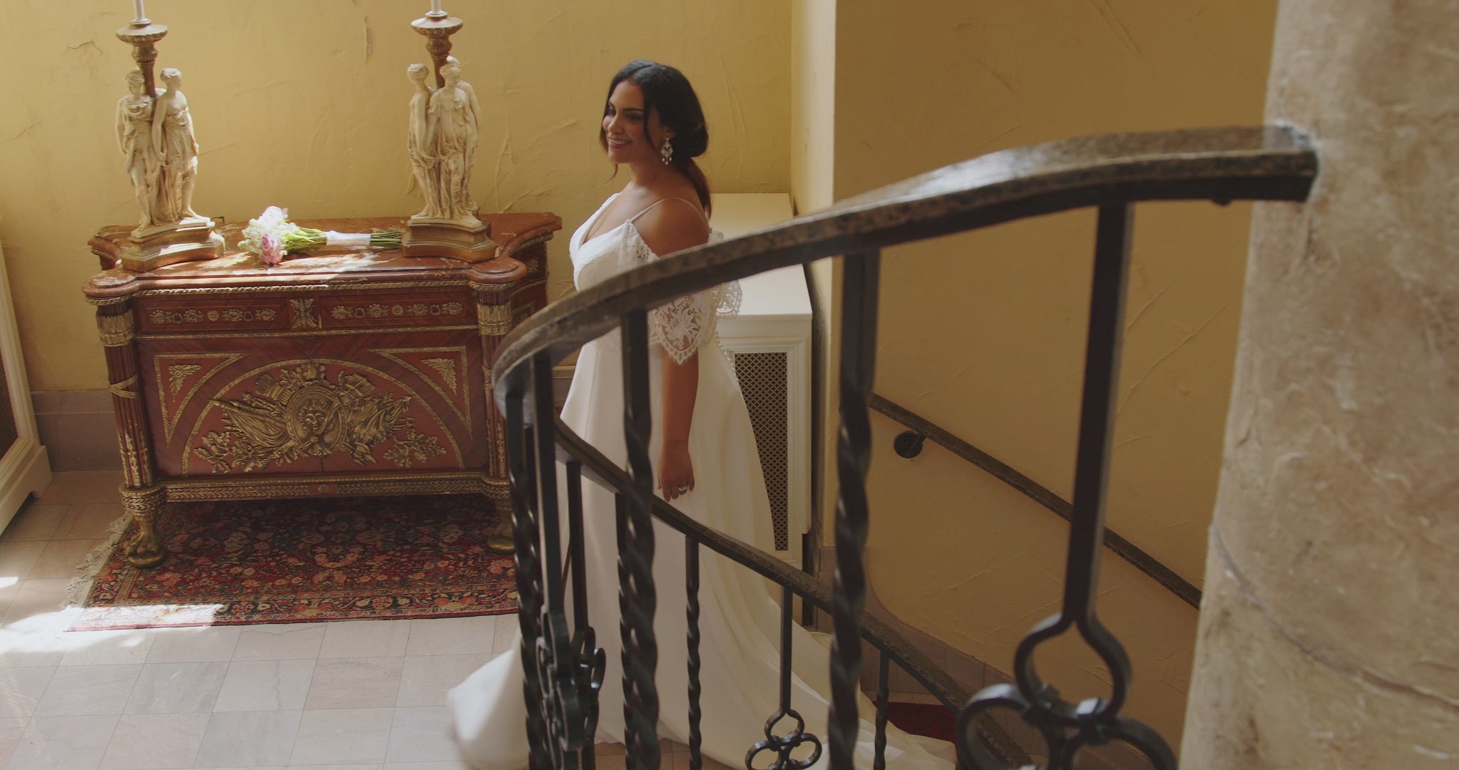 Michelle Bridal 2406. Lace and bridal satin, A-line silhouette, V-neckline, Spaghetti straps, Optional drop lace sleeves, V-back with invisible zipper covered in 30 buttons. Natural waistline, Aline skirt with slit starting 15 inches below waist, Pockets on each side seam