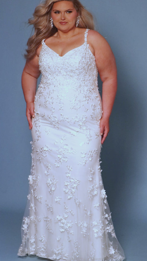 Sydney's Closet SC5330 Ivory. Slim, fitted silhouette, Embroidered 3D floral appliques with clear sequins, cut glass, clear bugle beads, Spaghetti straps covered in lace and beading, V-neckline, V-back, Long invisible center back zipper, Natural waistline, Slim skirt.
