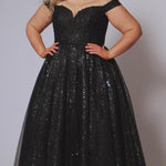 Plus size elegeant off-the-shoulder ball gown with 3D floral lace and sparkle tulle. Full A-line skirt and center back zipper. Availablie in burgundy red, onyx black and plum purple in plus sizes 14-40. Style SC7428 from Sydney's Closet.