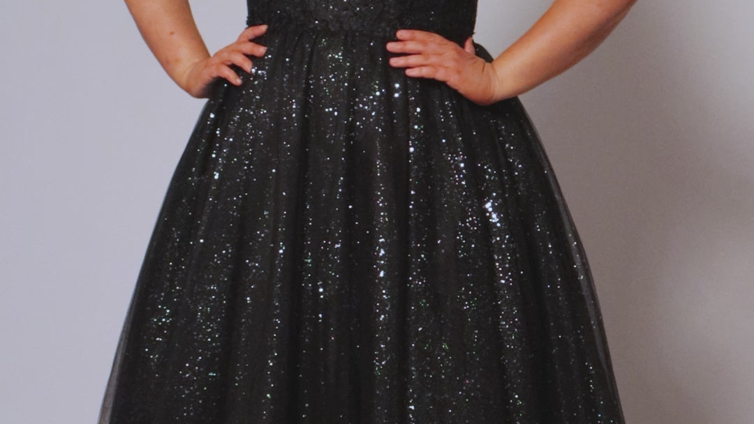 Plus size elegeant off-the-shoulder ball gown with 3D floral lace and sparkle tulle. Full A-line skirt and center back zipper. Availablie in burgundy red, onyx black and plum purple in plus sizes 14-40. Style SC7428 from Sydney's Closet.