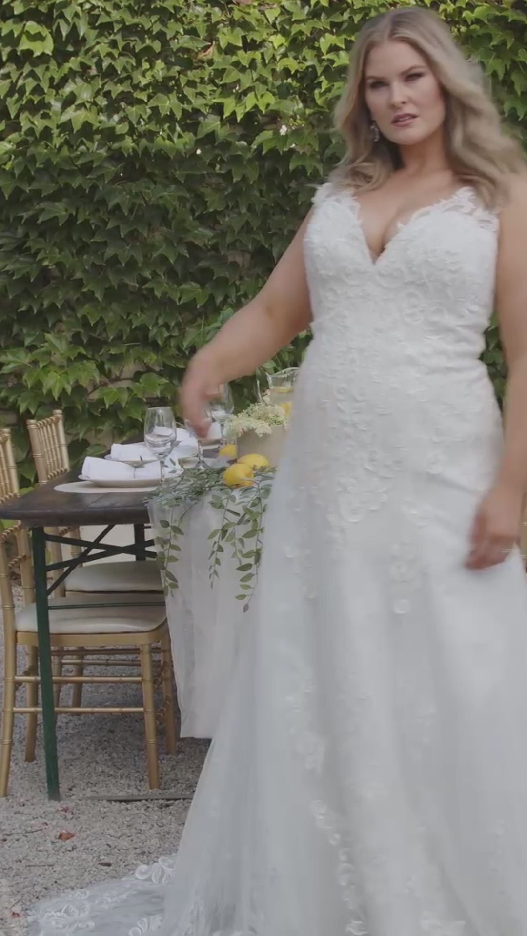 Michelle Bridal MB2410 Ivory. Mesh embroidered floral lace appliques, Chantilly lace, soft bridal tulle, Embellished with pearls, clear sequins, bugle beads, cut glass. Fitted silhouette, V-neckline, Two-inch lace straps, unlined Scoop back with optional back lining included, Natural waistline, Center back zipper.