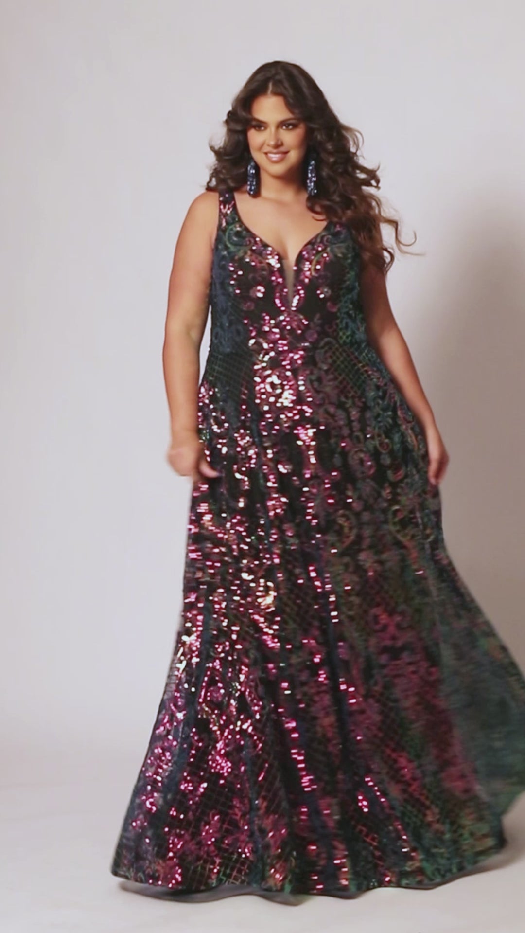 Sydney's Closet SC7367 Peacock and Phoenix. Laser cut sequin on mesh, Stretch knit lining, A-line skirt, Pockets, V-neckline with nude mesh insert, Bra-friendly straps, Center back zipper, Sweep train, Horsehair hem.