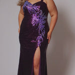 TE2507 by Tease Prom. Plus size sequin fitted formal dress. Detachable straps. Patterned sequins in multiple shades of purple. High slit on fitted skirt. 