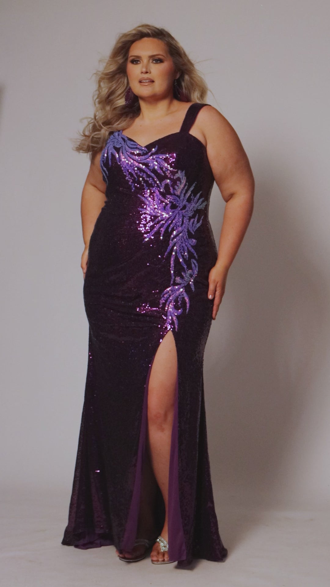 TE2507 by Tease Prom. Plus size sequin fitted formal dress. Detachable straps. Patterned sequins in multiple shades of purple. High slit on fitted skirt. 