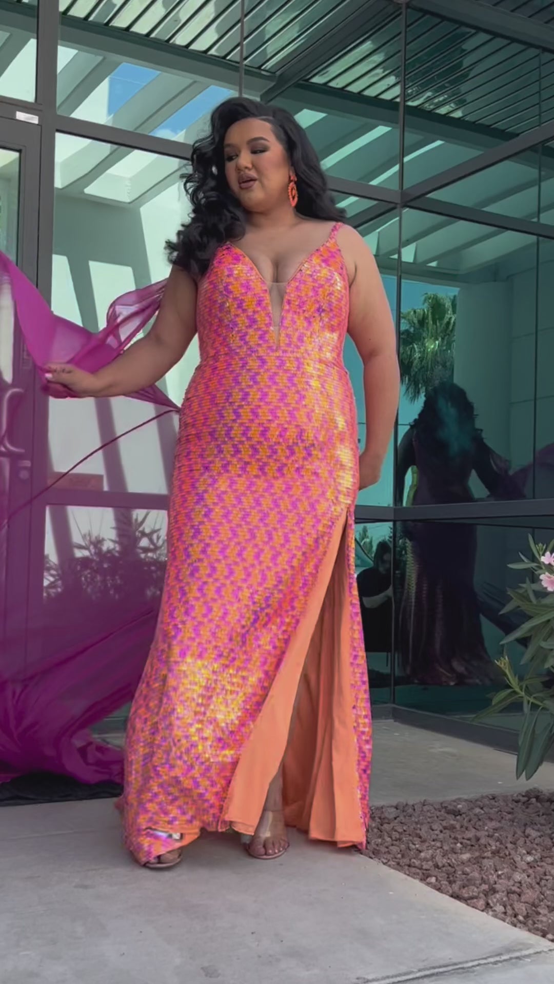 Johnathan Kayne for Sydney's Closet JK2413 Flamingo, Turq, Sherbet. Princess line silhouette, Slim fit, Piano sequins, V-back, Center back zipper, Deep V-neckline, Nude mesh insert, Spaghetti straps covered in piano sequins, Detachable chiffon cape = 105 inches from shoulder to hem, Piano sequins, High slit, Sweep train with godet.