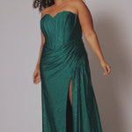 Sparkle stretch lycra plus size formal dress.  Strapless sweetheart neckline, basque waistline, exposed corset boning on bodice, ruchsed fitted skirt with high slit and zipper back. Available in sapphire blue, emerald green and onyx black. SC7412 by Sydney's Closet