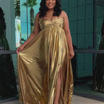 Empire plus size formal dress with spaghetti straps, pleated bodice with knot detail, pockets and slit. Available in gold, onyx black and ruby red. SC7414 by Sydney's Closet