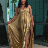 Empire plus size formal dress with spaghetti straps, pleated bodice with knot detail, pockets and slit. Available in gold, onyx black and ruby red. SC7414 by Sydney's Closet