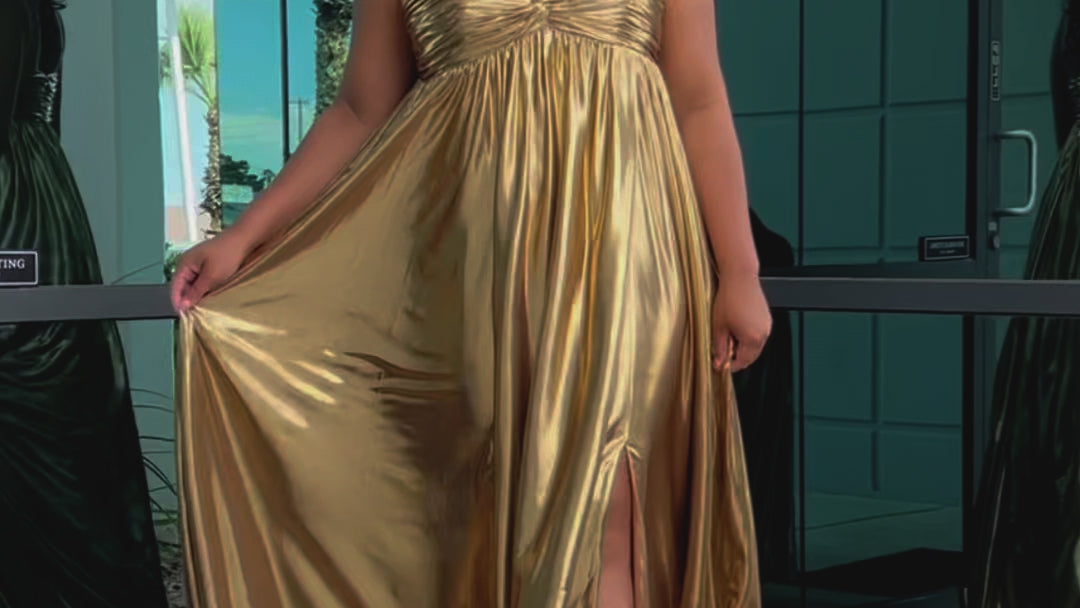Empire plus size formal dress with spaghetti straps, pleated bodice with knot detail, pockets and slit. Available in gold, onyx black and ruby red. SC7414 by Sydney's Closet