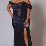Sexy plus size fitted stretch satin formal evening dress with hot fix stones on top of sweetheart leated bodice, detachable drape sleeves, exposed corset boning, ruched fitted skirt with slit and lace-up back. SC7416 in burgundy red or navy blue by Sydney's Closet.
