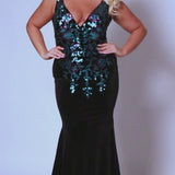Tease Prom TE2434 Black/Multi. Stretch velvet with two-tone floral and leave sequin applique, Mermaid fitted silhouette, Deep V-neckline, Bra-friendly straps, Natural waistline, V-back, Long invisible center back zipper, Slim/fitted skirt, Train with center back godet, Horsehair hem.