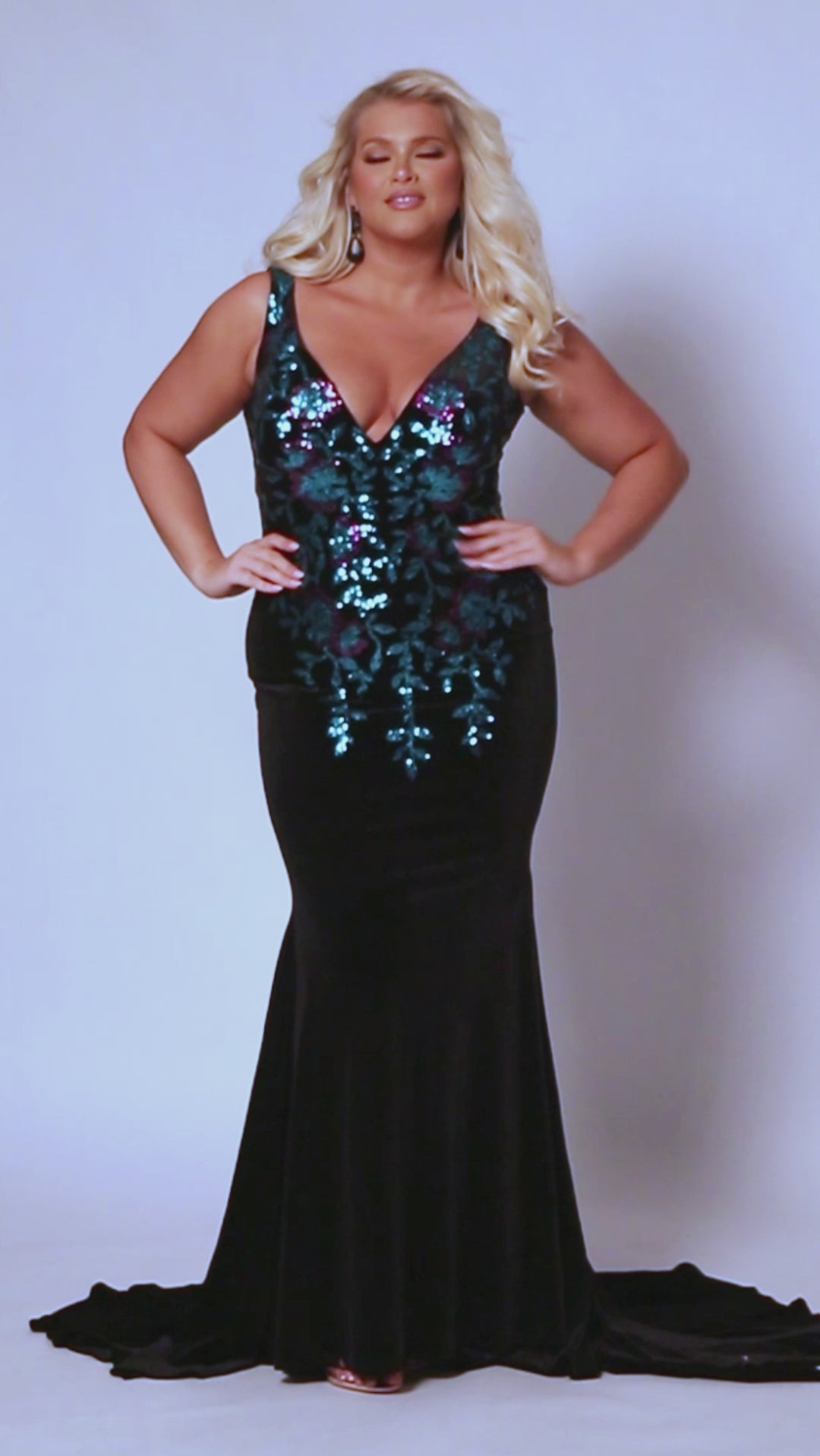 Tease Prom TE2434 Black/Multi. Stretch velvet with two-tone floral and leave sequin applique, Mermaid fitted silhouette, Deep V-neckline, Bra-friendly straps, Natural waistline, V-back, Long invisible center back zipper, Slim/fitted skirt, Train with center back godet, Horsehair hem.