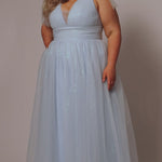Plus Size princess A-line prom dress with bra-friendly straps, pleated bodice, pleated waistband and full A-line skirt with train. Detachable bows on shoulder. SC7417 in ice blue, mauve or sage green from Sydney's Closet.