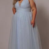 Plus Size princess A-line prom dress with bra-friendly straps, pleated bodice, pleated waistband and full A-line skirt with train. Detachable bows on shoulder. SC7417 in ice blue, mauve or sage green from Sydney's Closet.