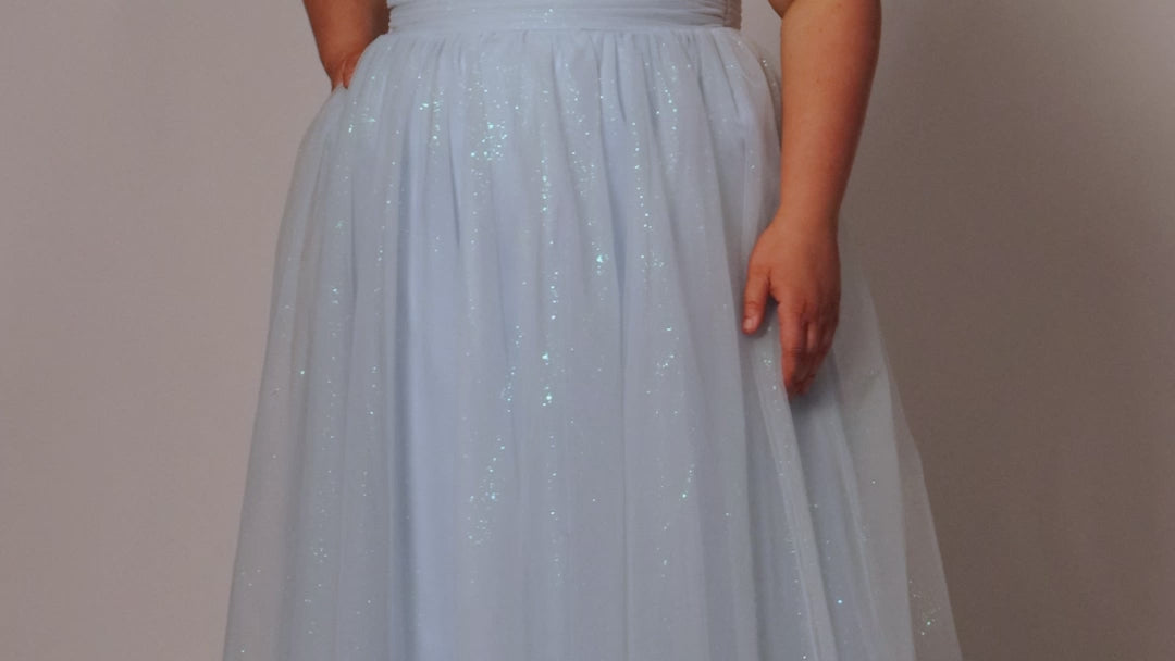 Plus Size princess A-line prom dress with bra-friendly straps, pleated bodice, pleated waistband and full A-line skirt with train. Detachable bows on shoulder. SC7417 in ice blue, mauve or sage green from Sydney's Closet.