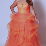 Tease prom TE2420 Lime Green, pink, orange. Tulle ruffles on a tiered skirt, exposed boning on bodice, strapless, ballgown.