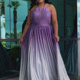 Plus size ombre prom ballgown. Halter neckline with nude mesh insert, waistband, gathered A-line skirt with pockets and horsehair hem.  Lace-up back with modesty panel. Available in purple or green by Sydney's Closet.