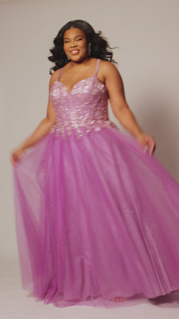 Tease Prom style TE2511 plus size ballgown. Available in slate grey, lavender purple or sky blue with sparkle tulle and lace. 