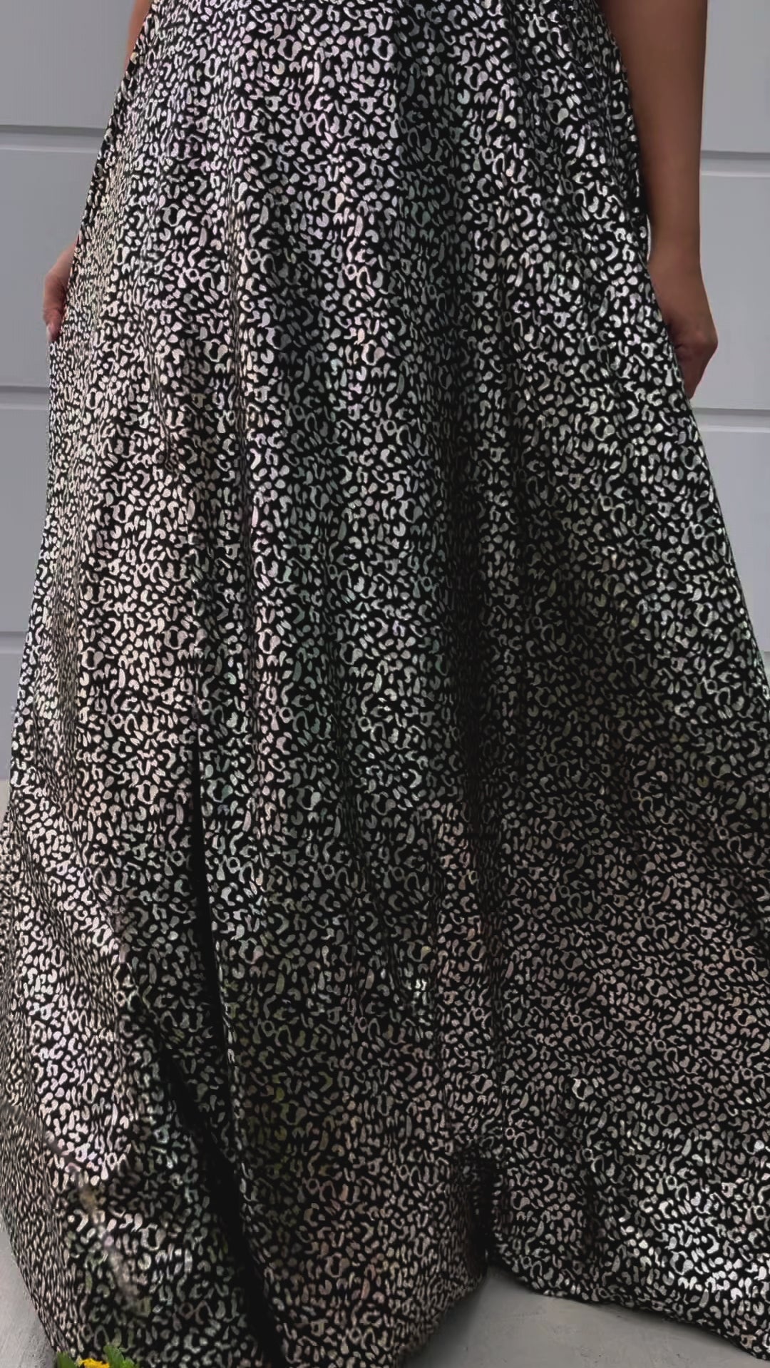 Empire plus size formal dress in animal print metallic satin.  Spaghetti straps, pleated empire bodice, full A-line skirt. Sydney SC7394 in metallic animal print by Sydney's Closet. 