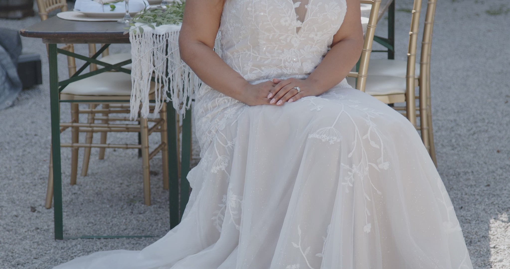 Michelle Bridal MB2402 Mocha. Soft bridal tulle, glitter tulle, Stretch knit jersey lining, Leaf appliques with clear sequins, V-neckline, Illusion Back, Center back zipper covered with 41 buttons fastened with loops