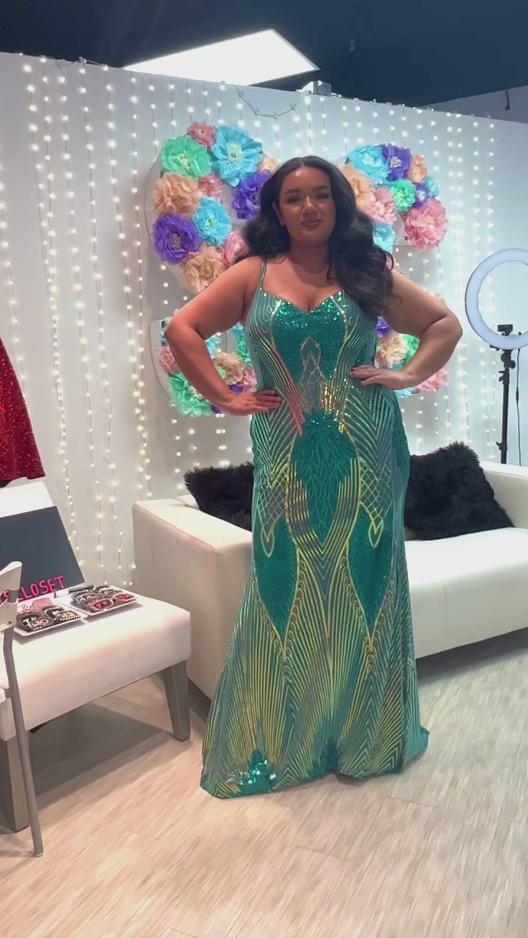 Tease Prom TE2402 Green, royal, magenta. Gold and green sequin detail, slim silhouette, straps, natural waistline, v-neckline.