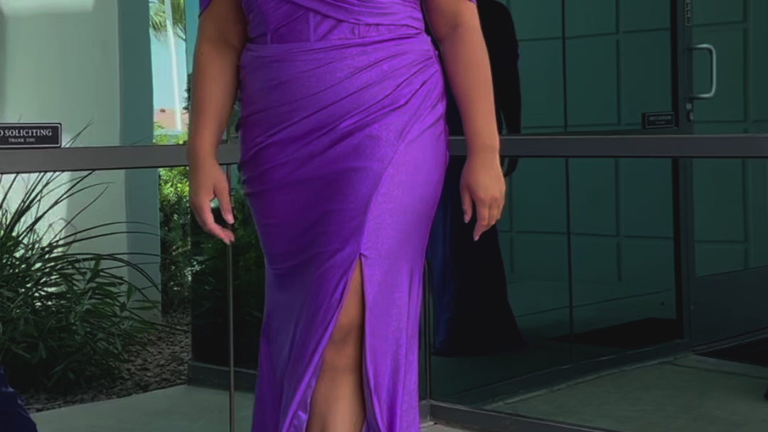 Sydney's Closet SC7402 sexy fitted prom dress in sparkle lycra .  Exposed boning on corset, drape sleeves with adjsutable spaghetti straps, high slit and ruchsed skirt. Available in violet purple, magenta pink, or turq blue and green. 